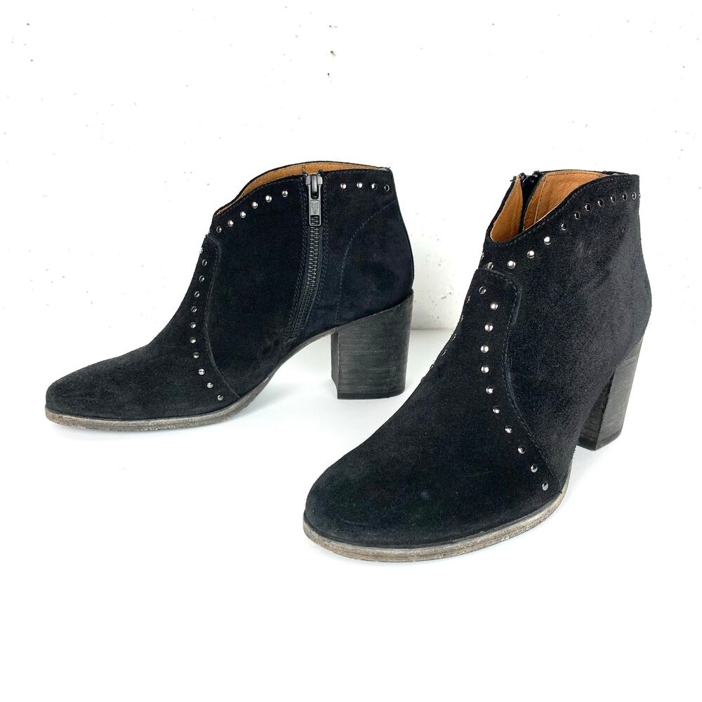 Frye Womens Nora Stud Side Zip Ankle Booties Black Suede Chunky Heel Size 7